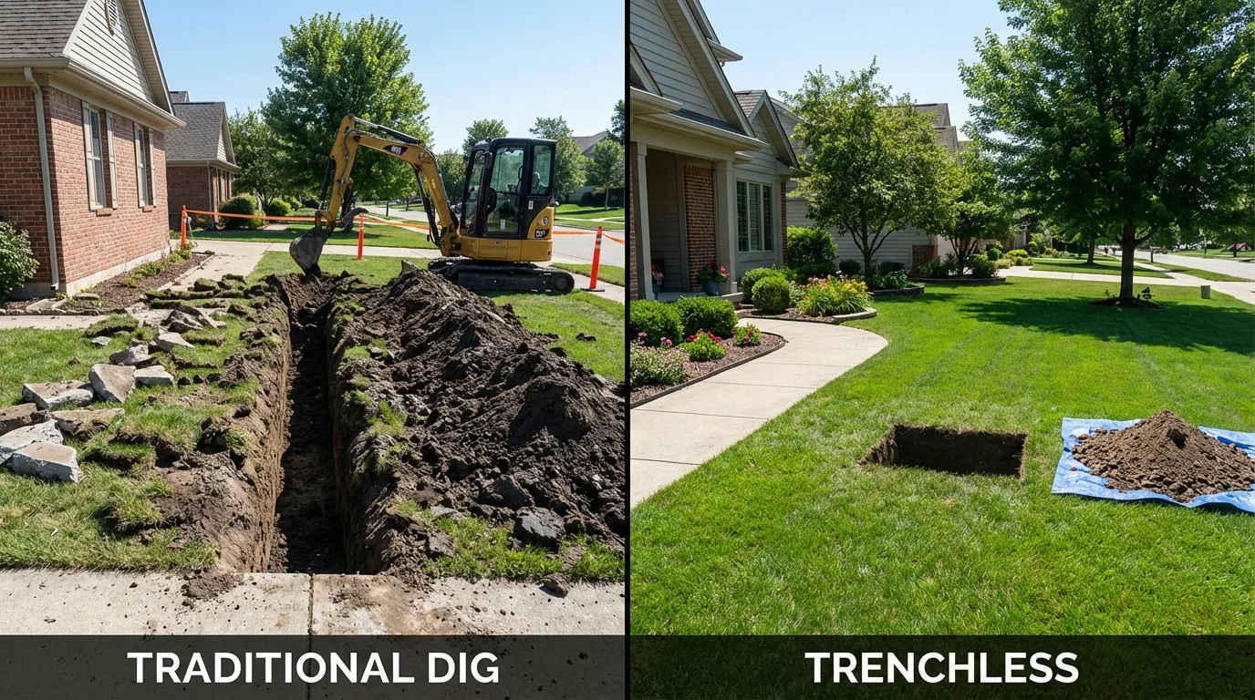 Trenchless sewer repair with minimal yard damage versus traditional excavation in Bradley, ME